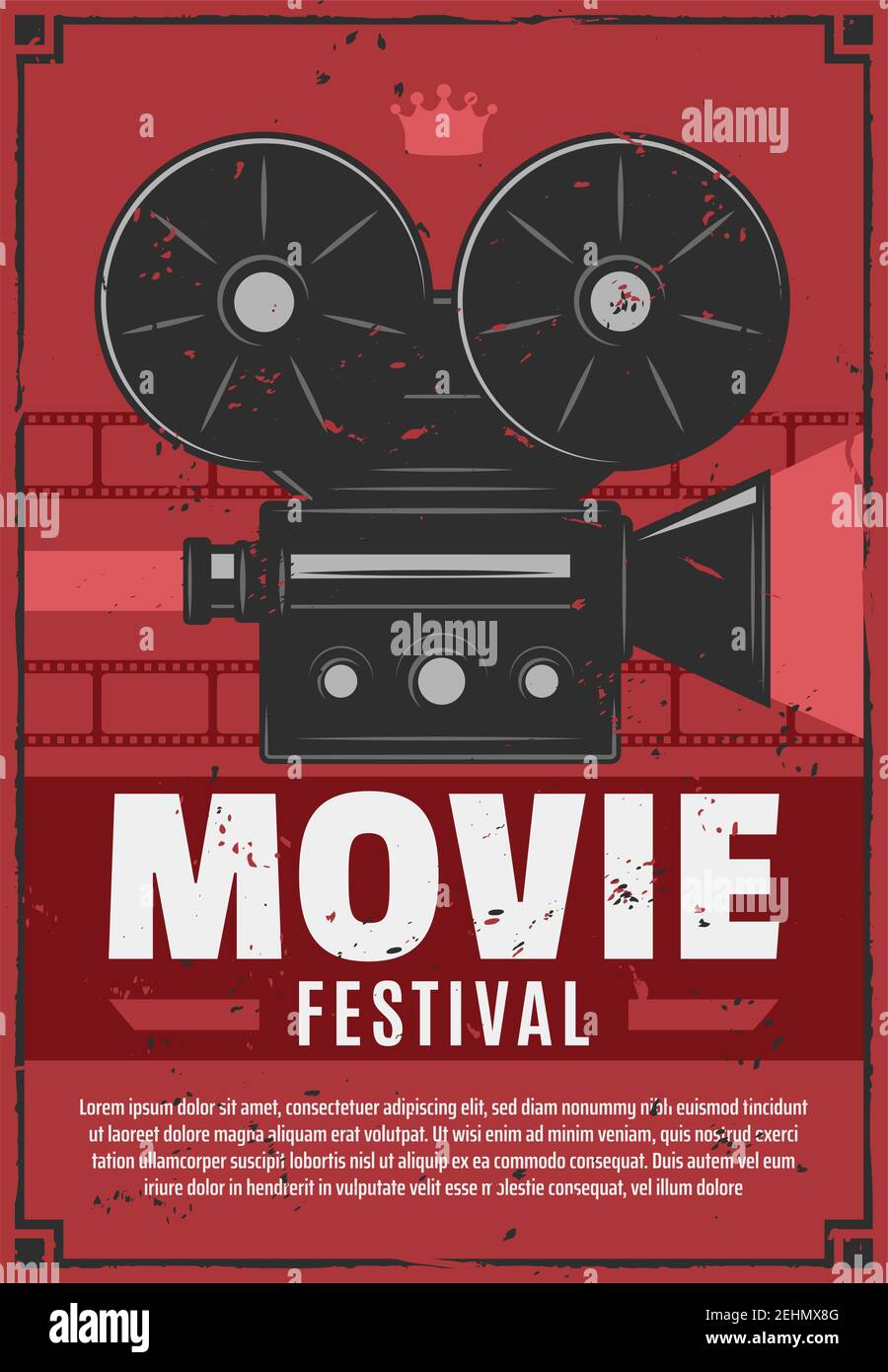 Festival de cinéma ou de cinéma, caméra vidéo d'époque avec bobines de film sur mur de brique. Scénario de projection de film de nuit rétro invitation ou annonce avec EQUIP Illustration de Vecteur