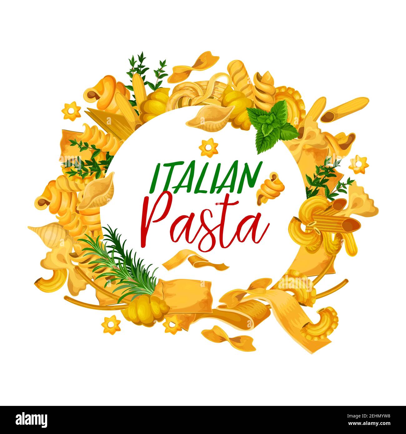 Affiche de pâtes, menu du restaurant avec cuisine italienne. Spaghetti vectoriels, fettuccine ou farfalle et tagliatelle et lasagnes traditionnelles, raviolis Illustration de Vecteur