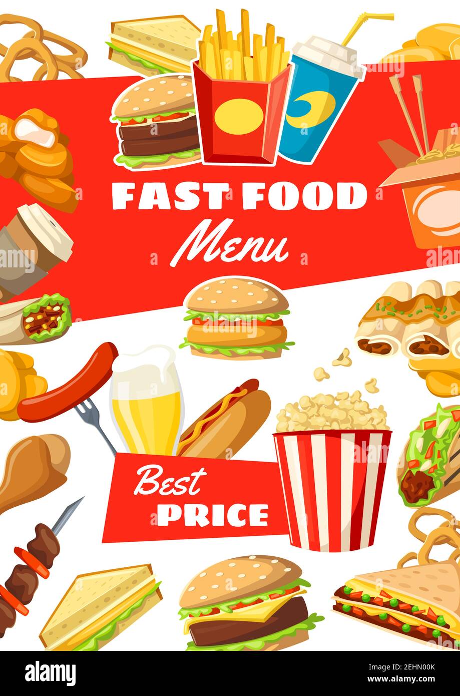 Affiche de restauration rapide des repas, des en-cas, des desserts et des boissons. Menu vectoriel pour hamburgers fastfood, sauces et hamburgers, hot dog ou sandwich et pi Illustration de Vecteur