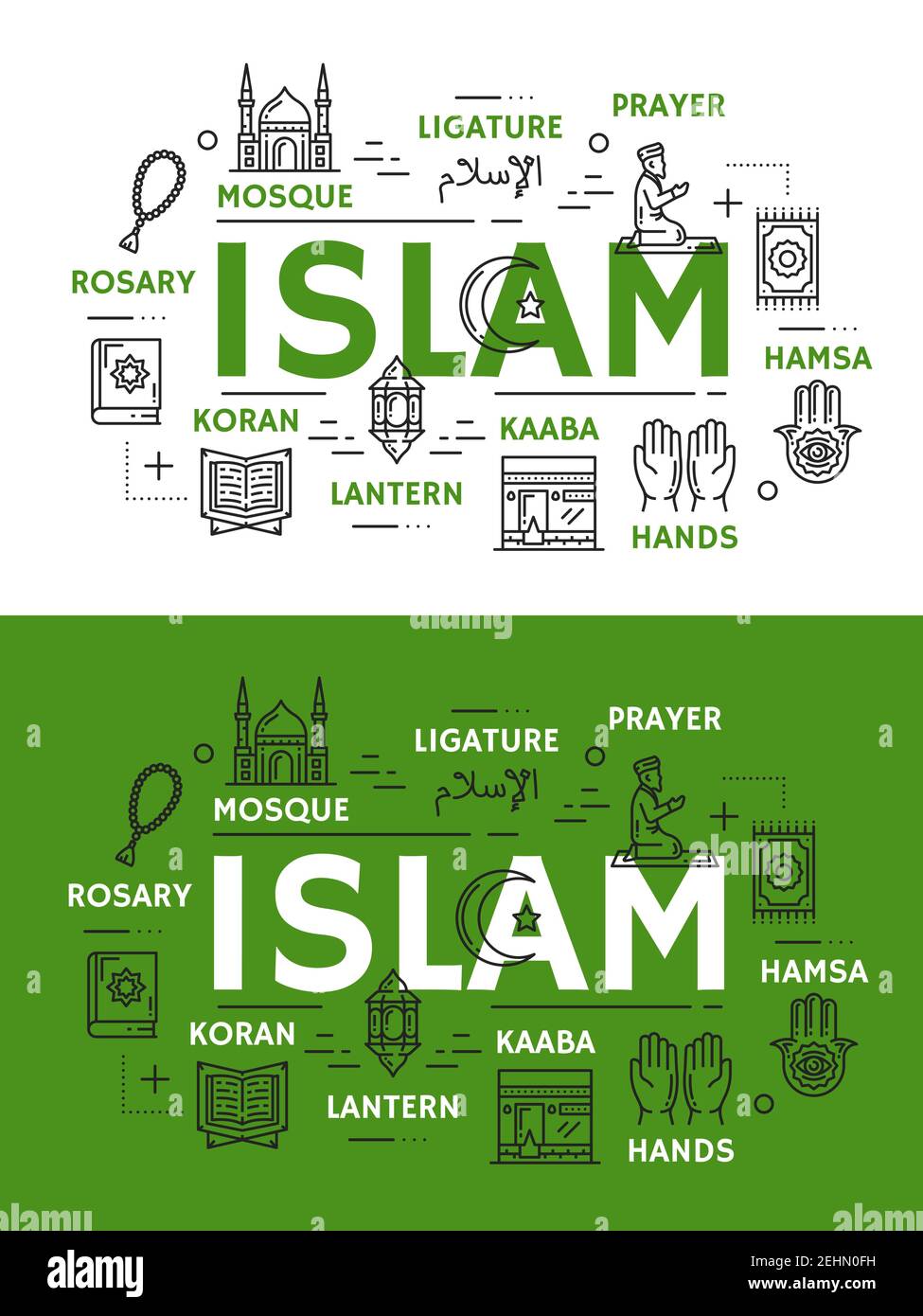Islam religion et culture ligne art symboles vectoriels. Mosquée musulmane, mains et Kaaba, lanterne du Ramadan, livre et ligature du Coran, prière ou salah sur kn Illustration de Vecteur