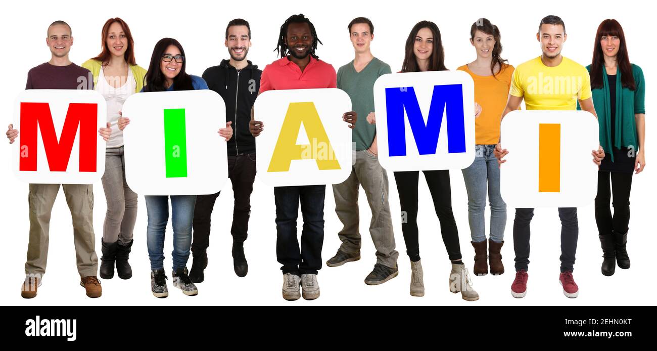 Miami Beach Florida ville groupe de jeunes multiculturels multi ethnies isolées sur blanc Banque D'Images