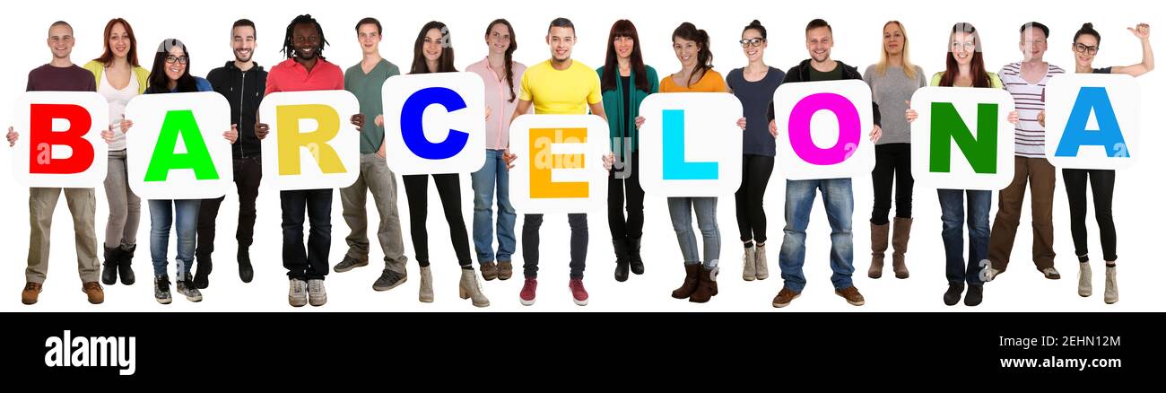 Barcelone Espagne ville groupe de jeunes multiculturels multiethniques personnes isolées sur blanc Banque D'Images