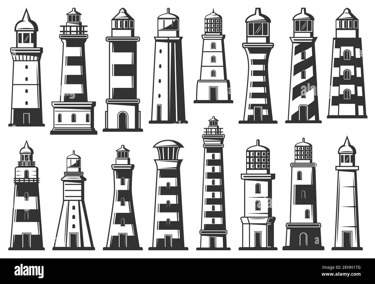 Icônes vectorielles de phares marins et de balises marines. Tours marines rayées navigation pour les navires et les navires. Grands phares avec signal lumineux Illustration de Vecteur