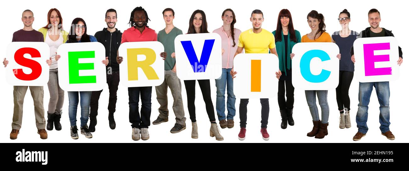 Service client assistance satisfaction groupe concept de jeune multi ethnies isolées sur blanc Banque D'Images