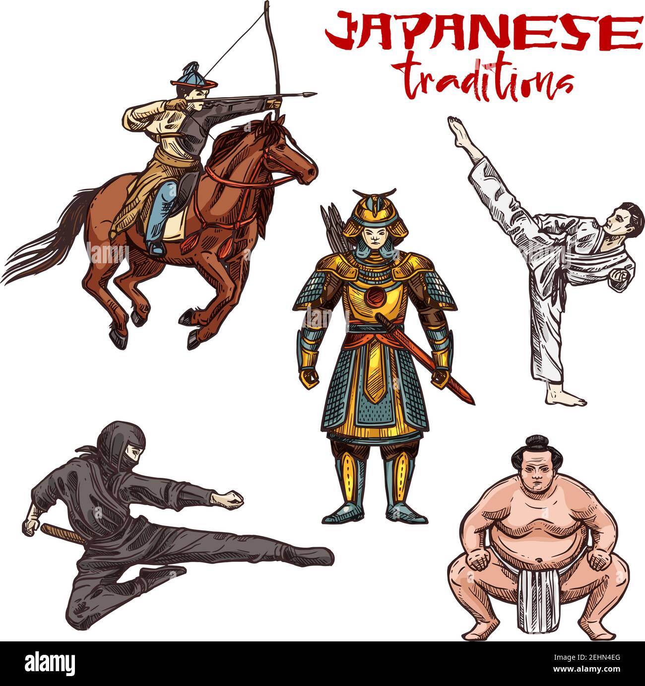 Les arts martiaux japonais de samouraï, ninja ou sumo et de karaté ou judo. Vector Japon combat les symboles culturels du tir à l'arc traditionnel avec arme et guerrier Illustration de Vecteur