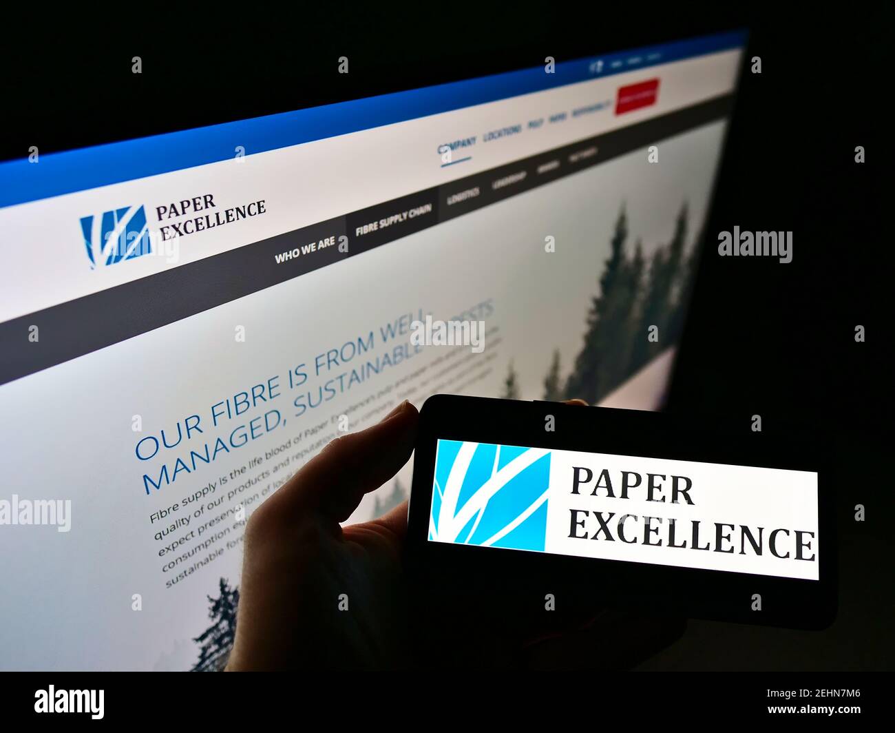 Personne tenant un téléphone cellulaire portant le logo du fabricant canadien de pâtes et papiers Paper Excellence B.V. à l'écran avec le site Web. Mise au point sur l'affichage du téléphone. Banque D'Images