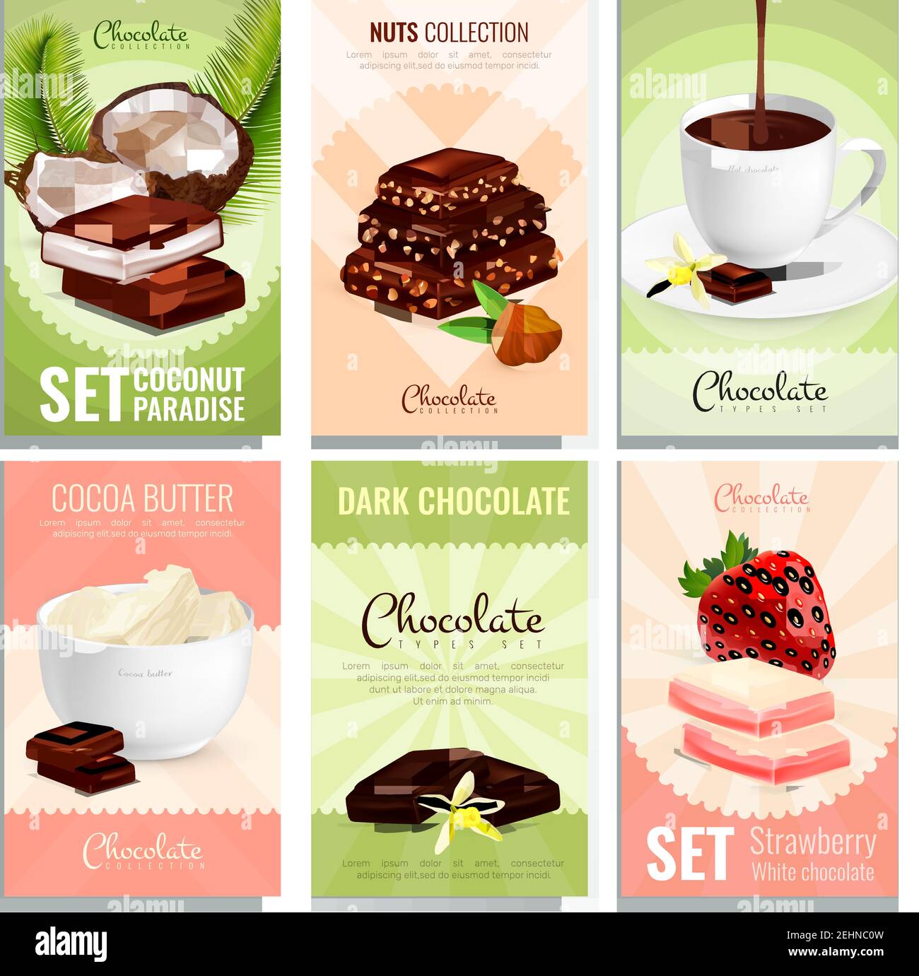 Jeu de six cartes de produits de cacao avec différents types de illustration vectorielle des bonbons au chocolat et des images de remplissage Illustration de Vecteur