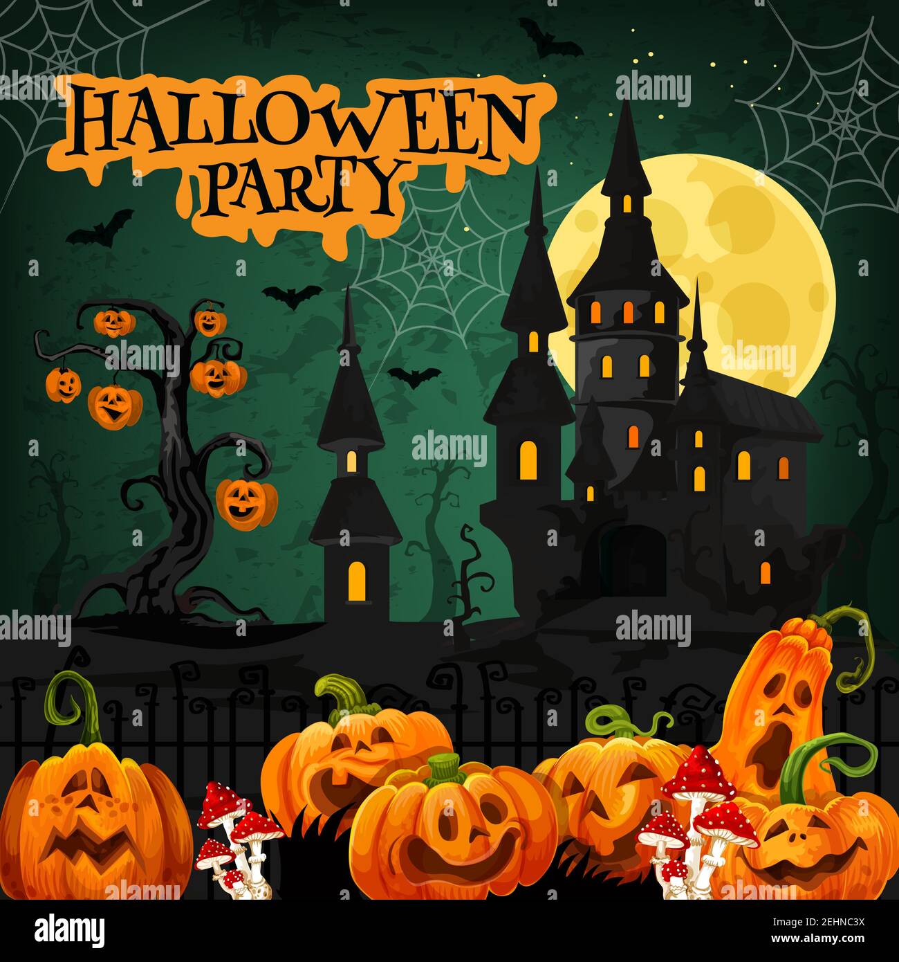 Halloween fête d'horreur invitation avec fantôme hanté maison. Château effrayant, lanterne de citrouille, chauve-souris et filet d'araignée avec ciel nocturne pleine lune à l'arrière Illustration de Vecteur