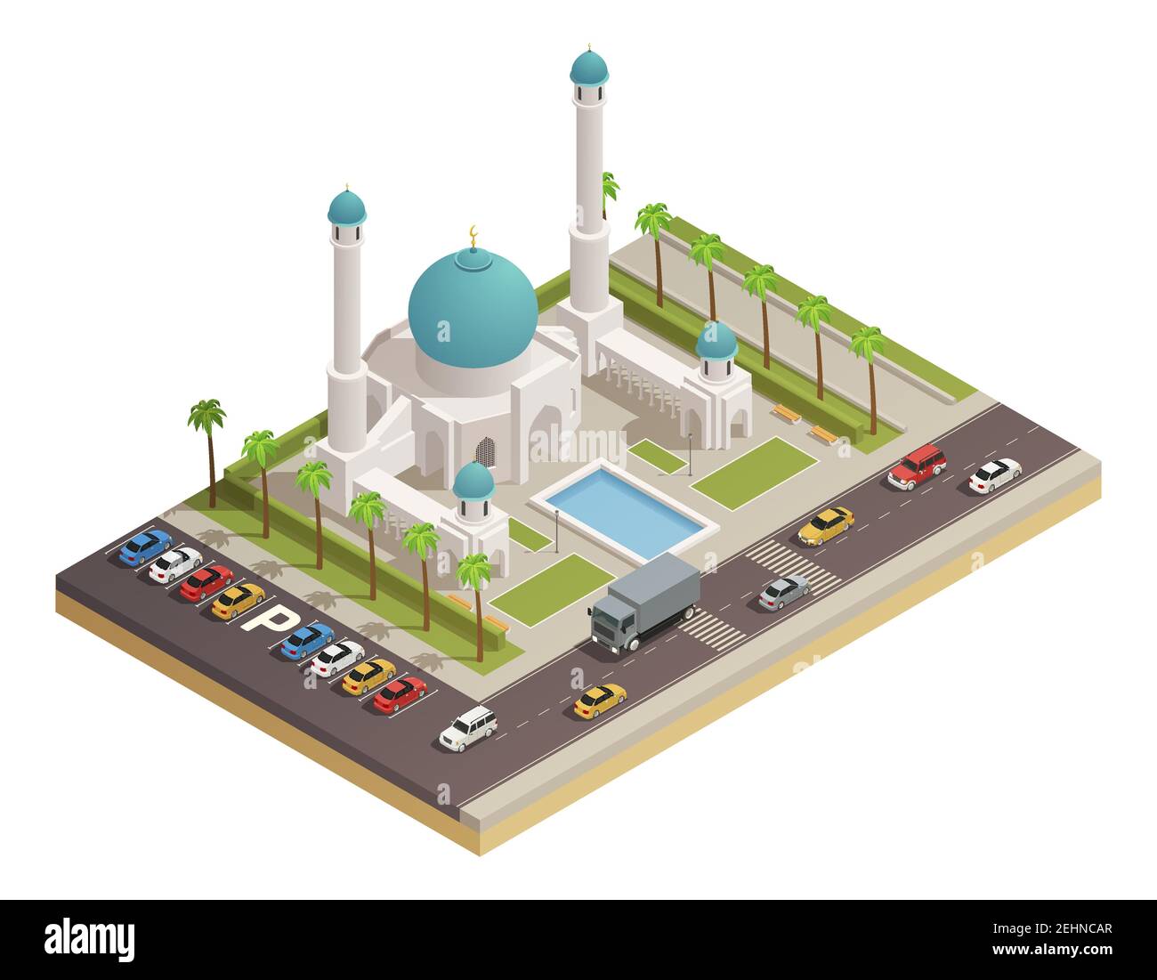 Mosquée les adeptes de l'islam adorent le bâtiment avec dôme et minarets illustration vectorielle de la composition isométrique et des routes adjacentes Illustration de Vecteur