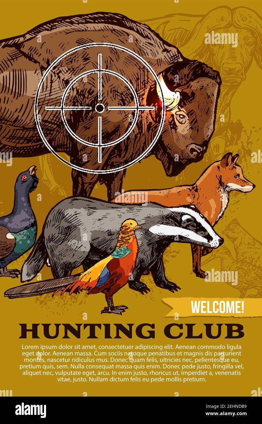 Affiche de bienvenue du club de chasse pour le club de chasseur ou la chasse en saison ouverte. Dessin vectoriel de la proie de trophée d'animal sauvage avec buffle de safari africain, mésse o Illustration de Vecteur
