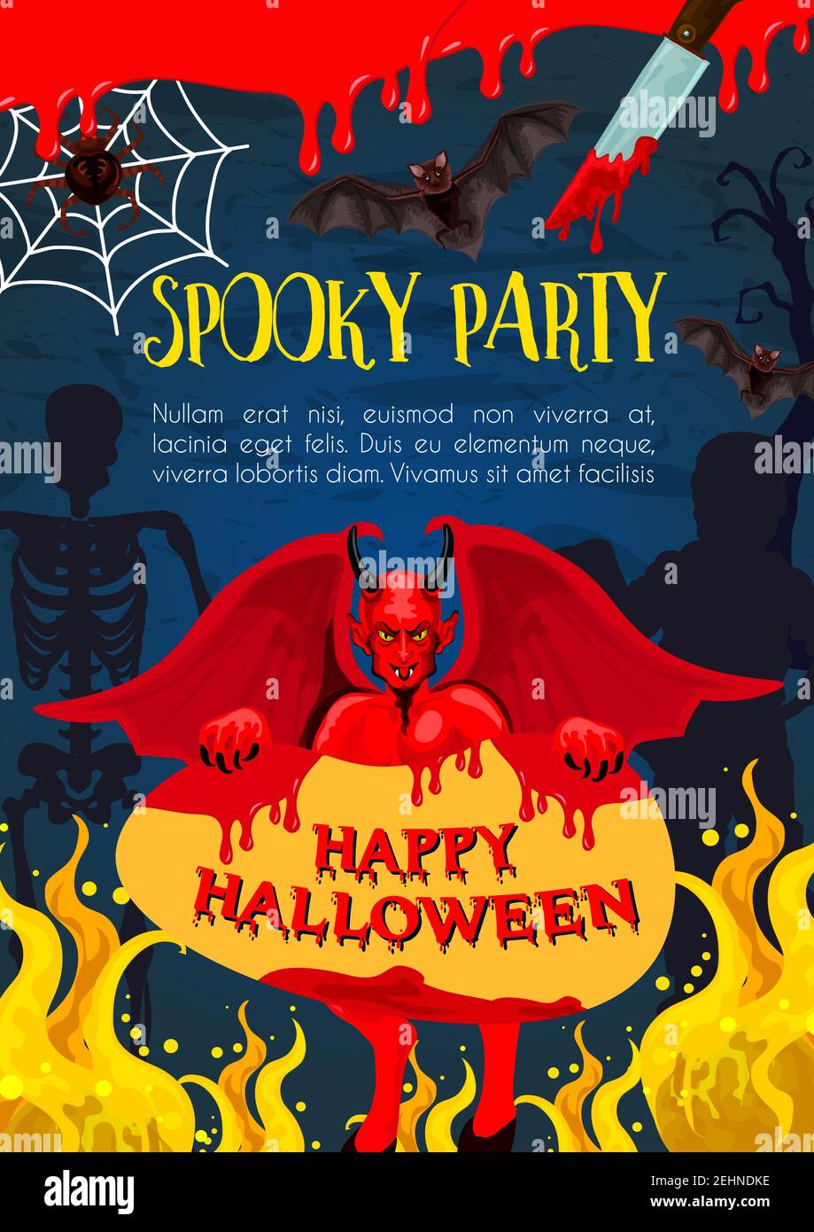 Carte de vœux Happy Halloween pour les fêtes du mois d'octobre. Démon de diable d'horreur, squelette et momie, filet d'araignée, chauve-souris et monstre Illustration de Vecteur