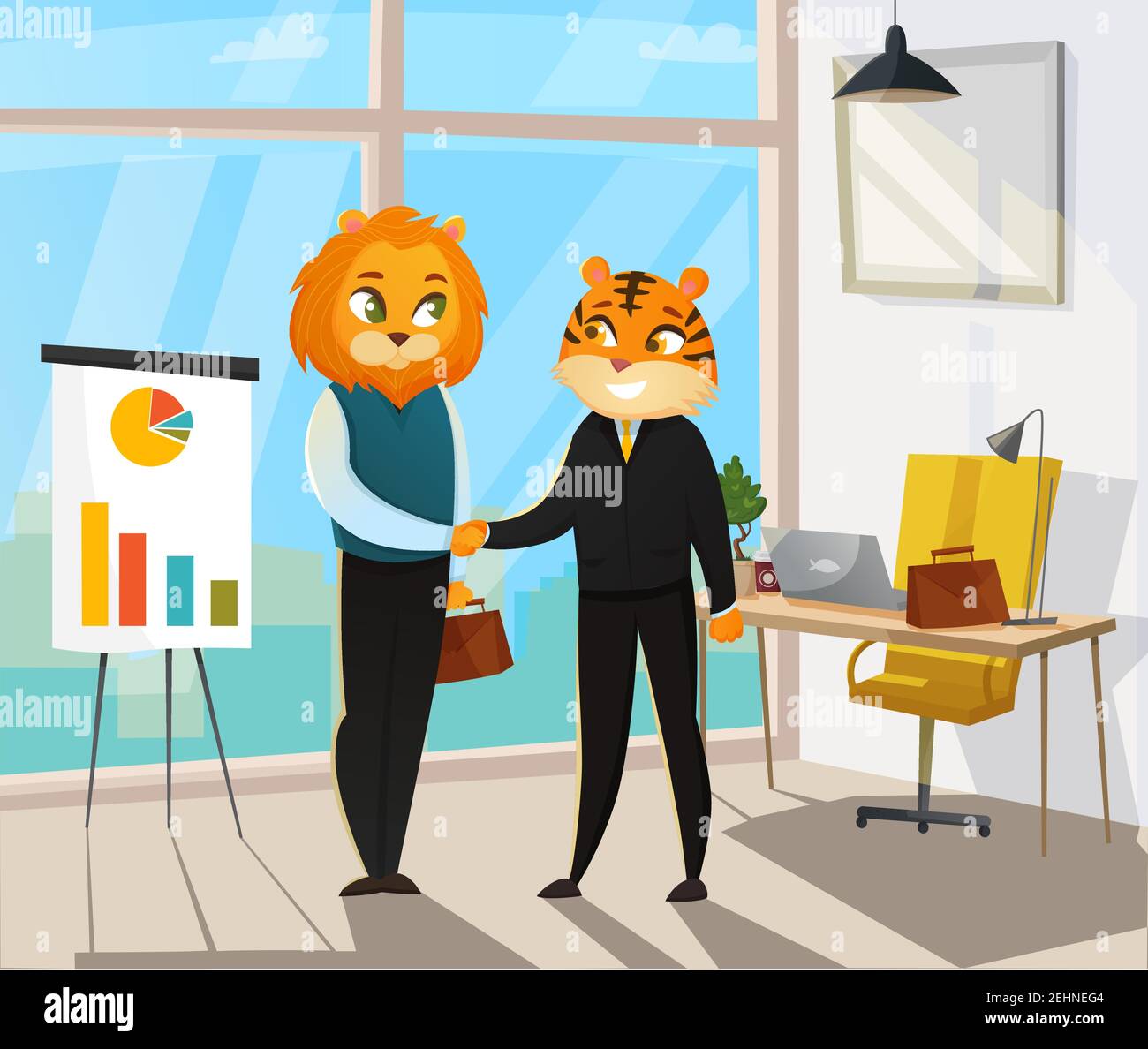 Affiche des animaux d'affaires avec le chat et le tigre secouer les mains après illustration du scénario de transaction conclu Illustration de Vecteur