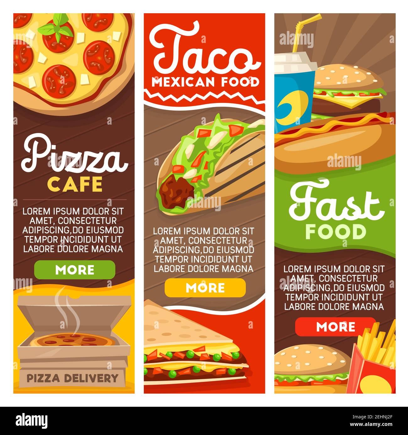 Livraison rapide de nourriture ou bannières de menu pour pizzeria ou tacos mexicains fastfood. Motif vectoriel de pizza, hamburgers ou hot dog et frites avec pommes de terre Illustration de Vecteur