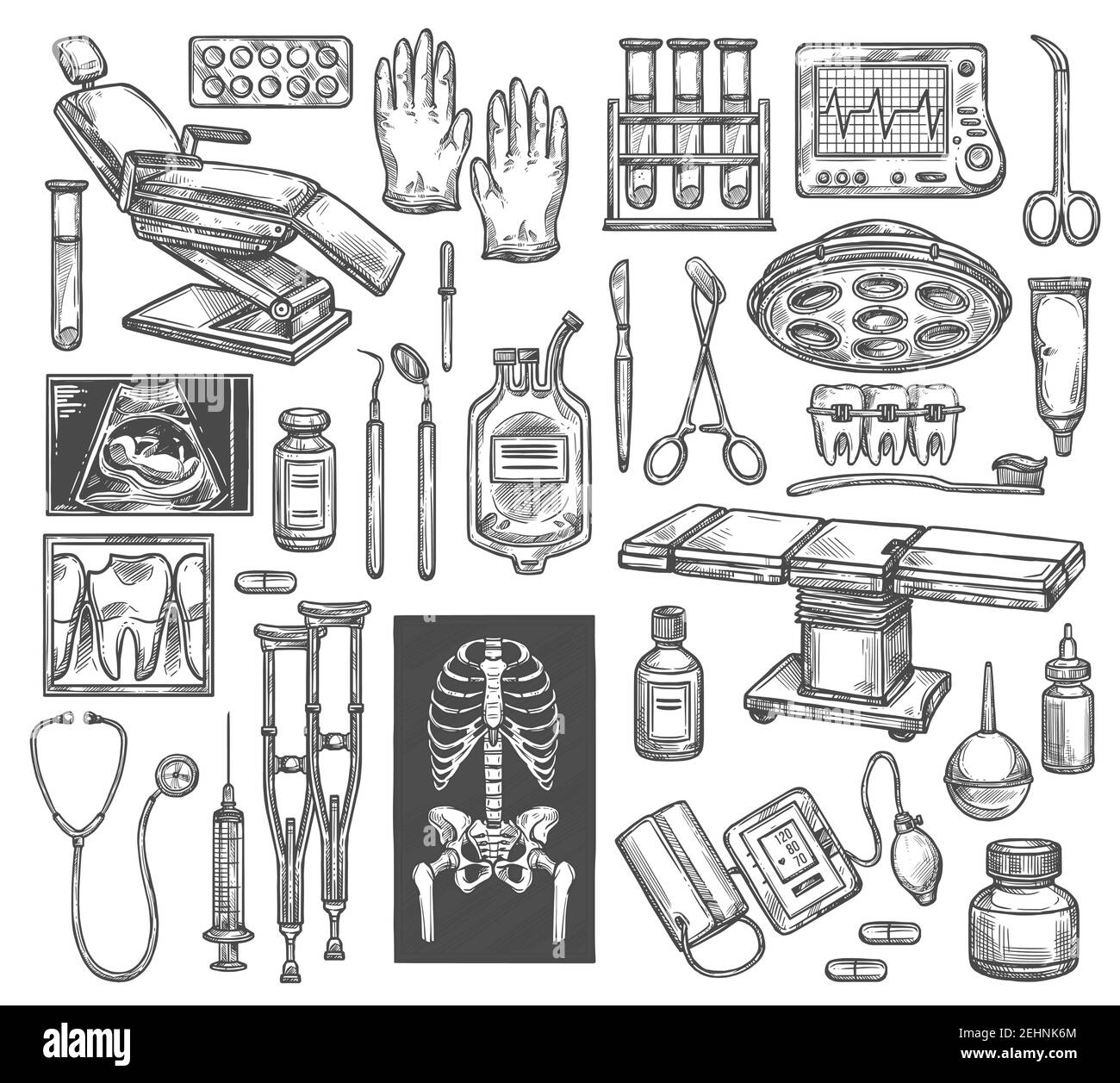 Icônes de croquis d'équipement de chirurgie médicale ou de thérapie. Vector isolé chaise de dentiste, chirurgien table d'opération ou traumatologie X-ray, rhumatologie Crutch o Illustration de Vecteur