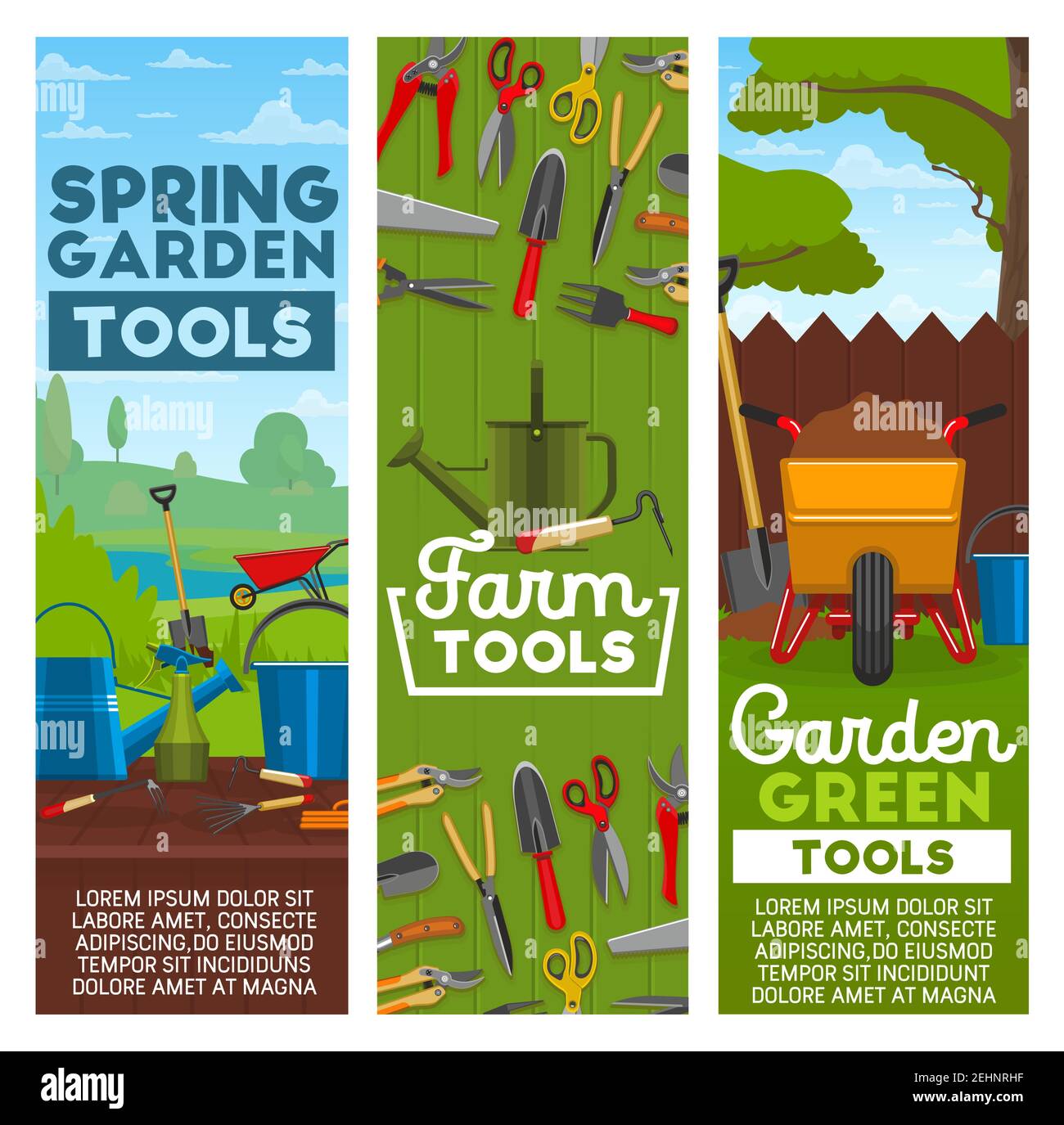 Outils agricoles et matériel de jardinage. Brouette de jardinier vectoriel avec terre, arrosoir ou seau, plantation et marteau, sécateur ciseaux ou bêche an Illustration de Vecteur