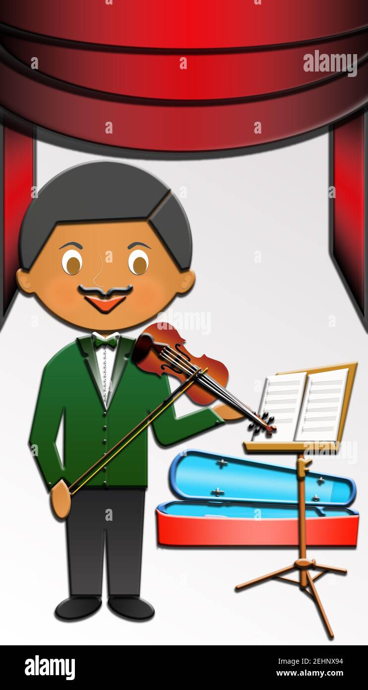 Dessin animé d'un adorable violoniste heureux jouant le violon sur une scène. Cette illustration fait partie d'une collection de professions différentes. Banque D'Images