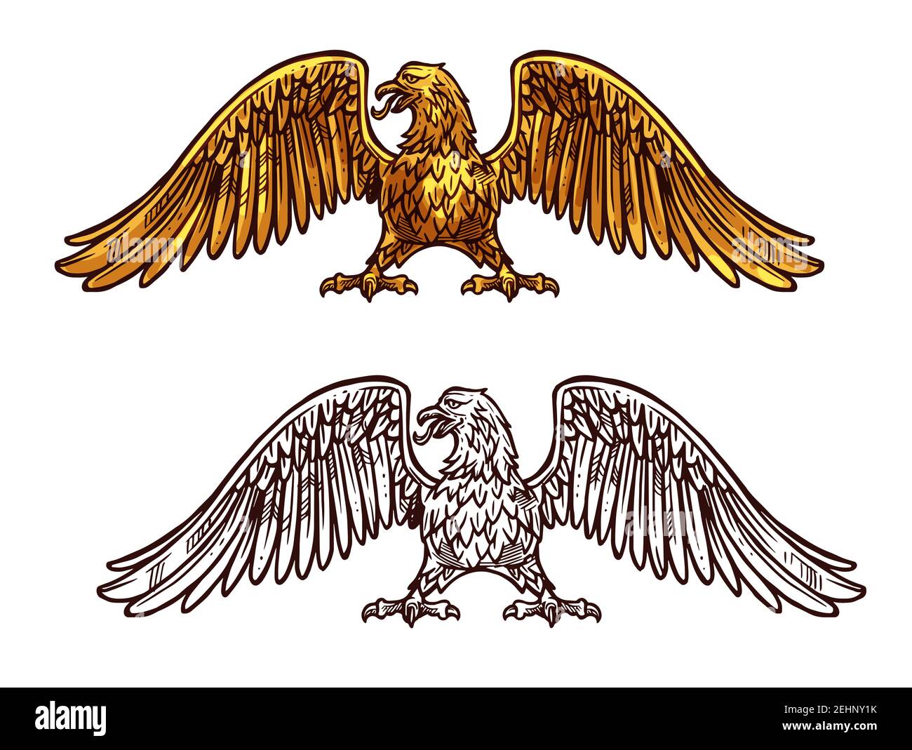 Icône héraldique d'aigle, croquis de style médiéval. Griffin avec de larges ailes et des griffes acérées. Vecteur mythique ou légendaire oiseau avec le plumage doré, honorable Illustration de Vecteur