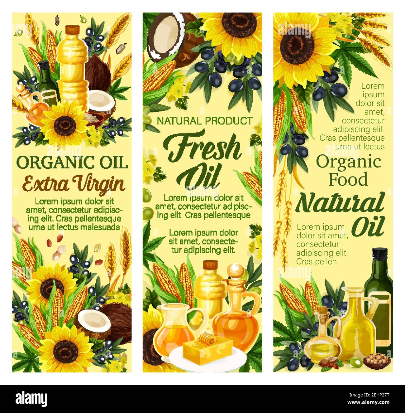 Huiles de cuisson et aliments biologiques. Vector extra vierge olive, graine de tournesol ou noix de coco et lin ou maïs, chanvre et beurre gras sur assiette, blé et noix. OI Illustration de Vecteur