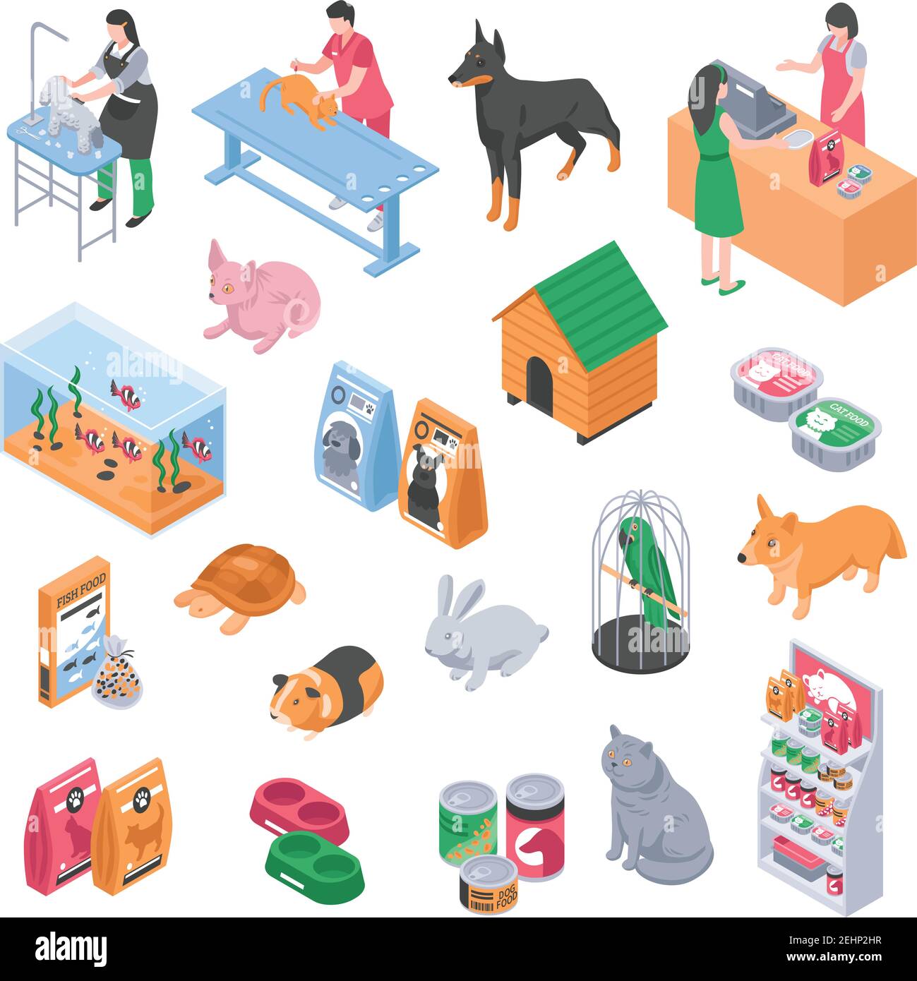 Ensemble d'icônes de soin vétérinaire pour animaux de compagnie isométriques colorées et isolées avec l'illustration vectorielle personnes sur le lieu de travail Illustration de Vecteur