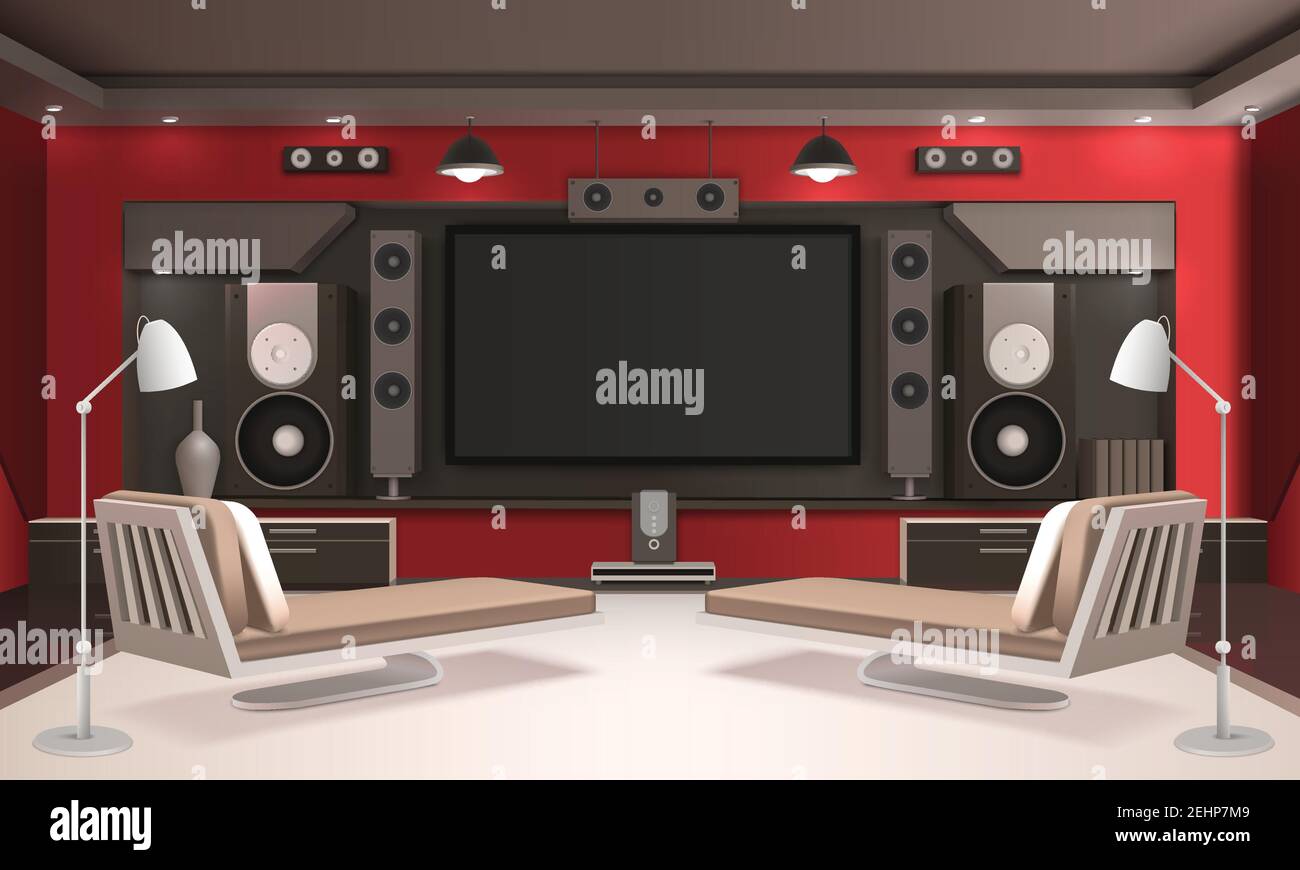 Intérieur Home Cinema moderne avec murs rouges, sol clair, lampes, canapés, tv et équipement acoustique illustration vectorielle Illustration de Vecteur