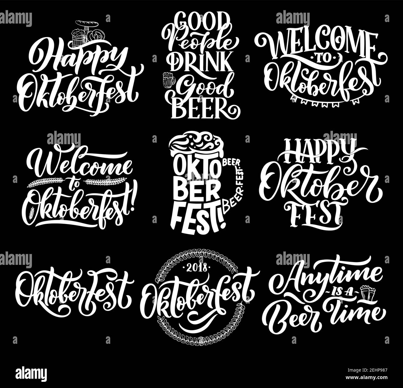 Inscription à la fête de la bière Oktoberfest. Calligraphie vectorielle pour la fête allemande d'octobre de bière ou de tasse et pinte, le motif de houblon et des collations bretzel pain ou Illustration de Vecteur