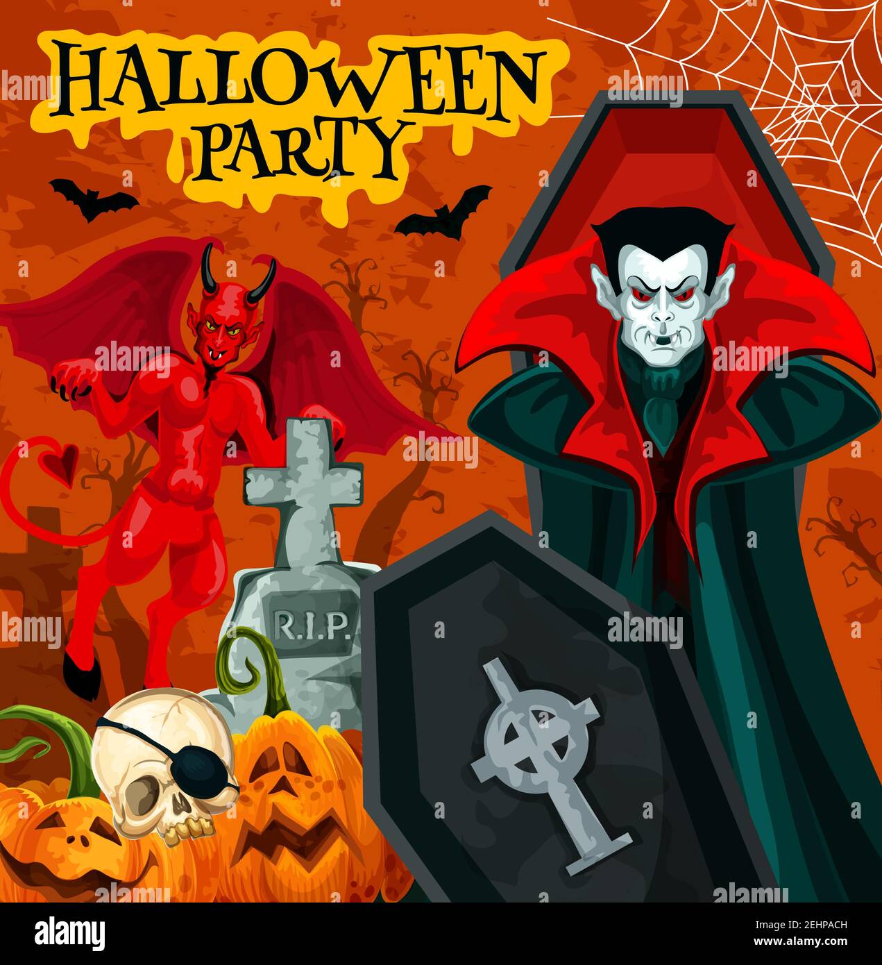 Affiche de fête d'Halloween avec vampire d'horreur de vacances d'octobre. Potiron effrayant, squelette du crâne et de la chauve-souris, démon de diable de peur, Dracula et graveestone de cimetière Illustration de Vecteur