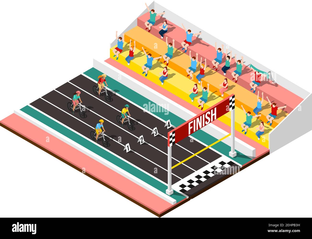 Concept de conception de cyclisme avec fragment isométrique de fans de stade et les athlètes se sont approchés de l'illustration vectorielle de la ligne d'arrivée Illustration de Vecteur