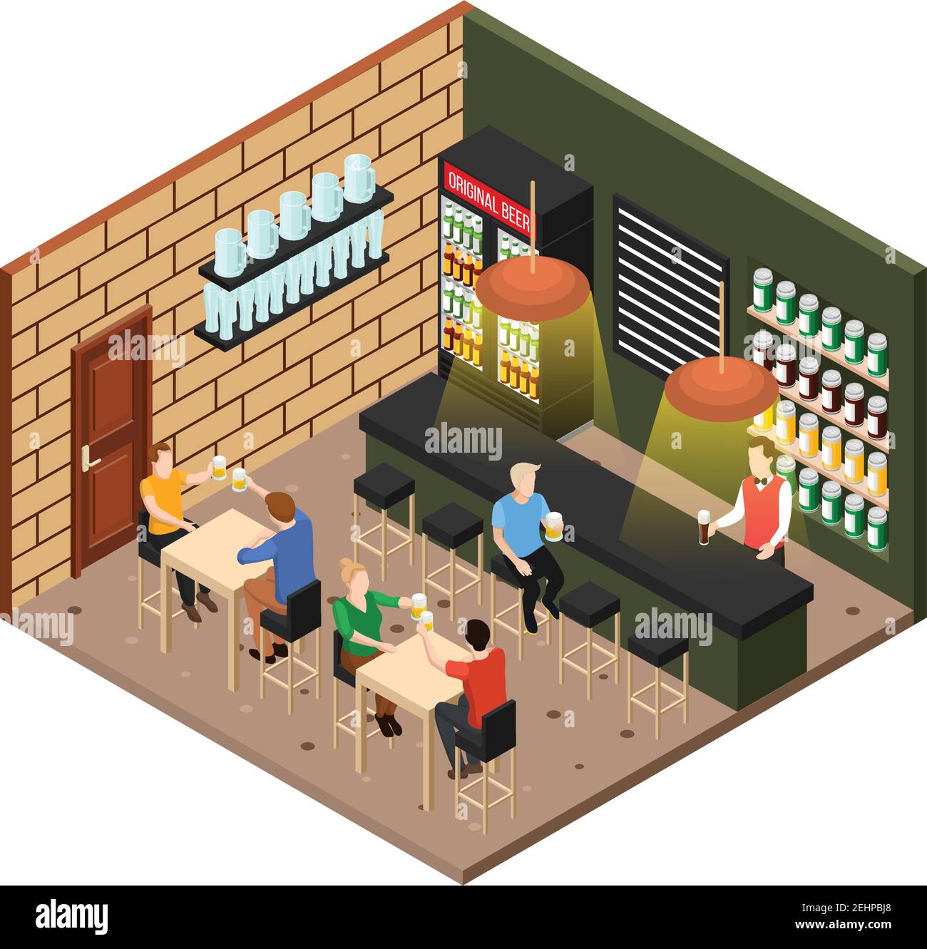 Intérieur isométrique original du magasin de bière et mugs de joyeux visiteurs illustration vectorielle 3d Illustration de Vecteur