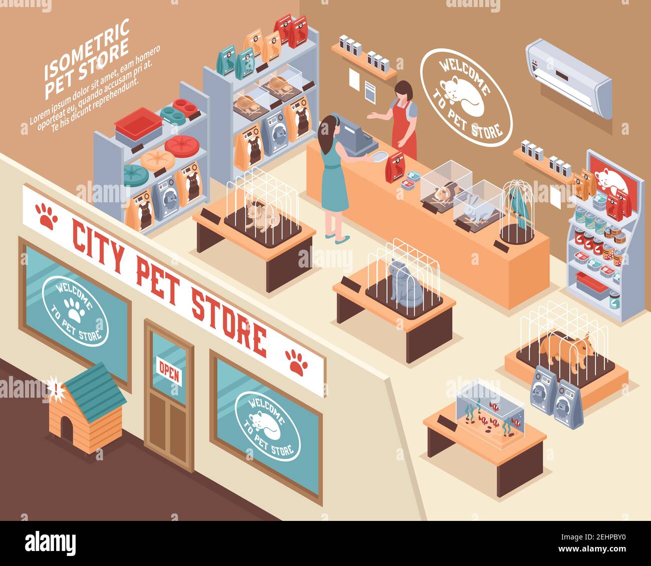 Composition de la boutique d'animaux en 3d isométrique colorée avec magasin d'animaux de la ville et illustration du vecteur visiteurs Illustration de Vecteur