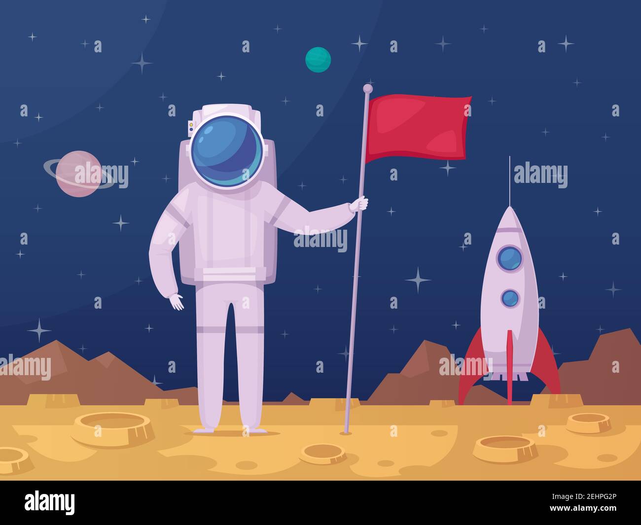 Astronaute avec drapeau après la lune atterrissant sur la surface lunaire avec vaisseau spatial sur l'illustration vectorielle de l'affiche de dessin animé en arrière-plan Illustration de Vecteur