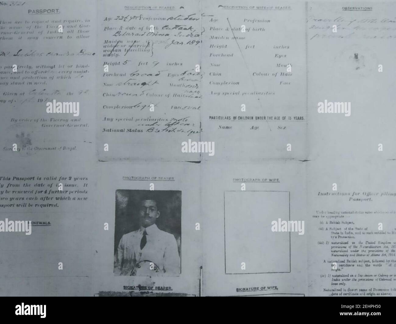 Passeport de Subhas Chandra Bose de 1919. Banque D'Images