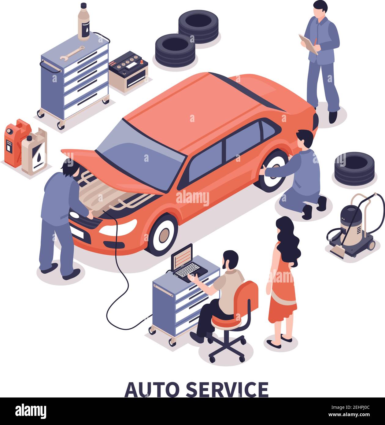 Les travailleurs du centre de service automobile qui fixent la voiture et qui changent les pneus illustration vectorielle isométrique 3d sur fond blanc Illustration de Vecteur