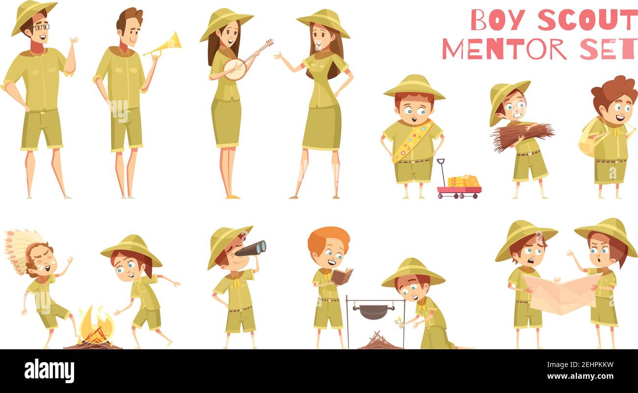 Guide les scouts de garçons en orientation avec des activités de camp en plein air de la carte icônes de dessin animé rétro série illustration vectorielle isolée Illustration de Vecteur