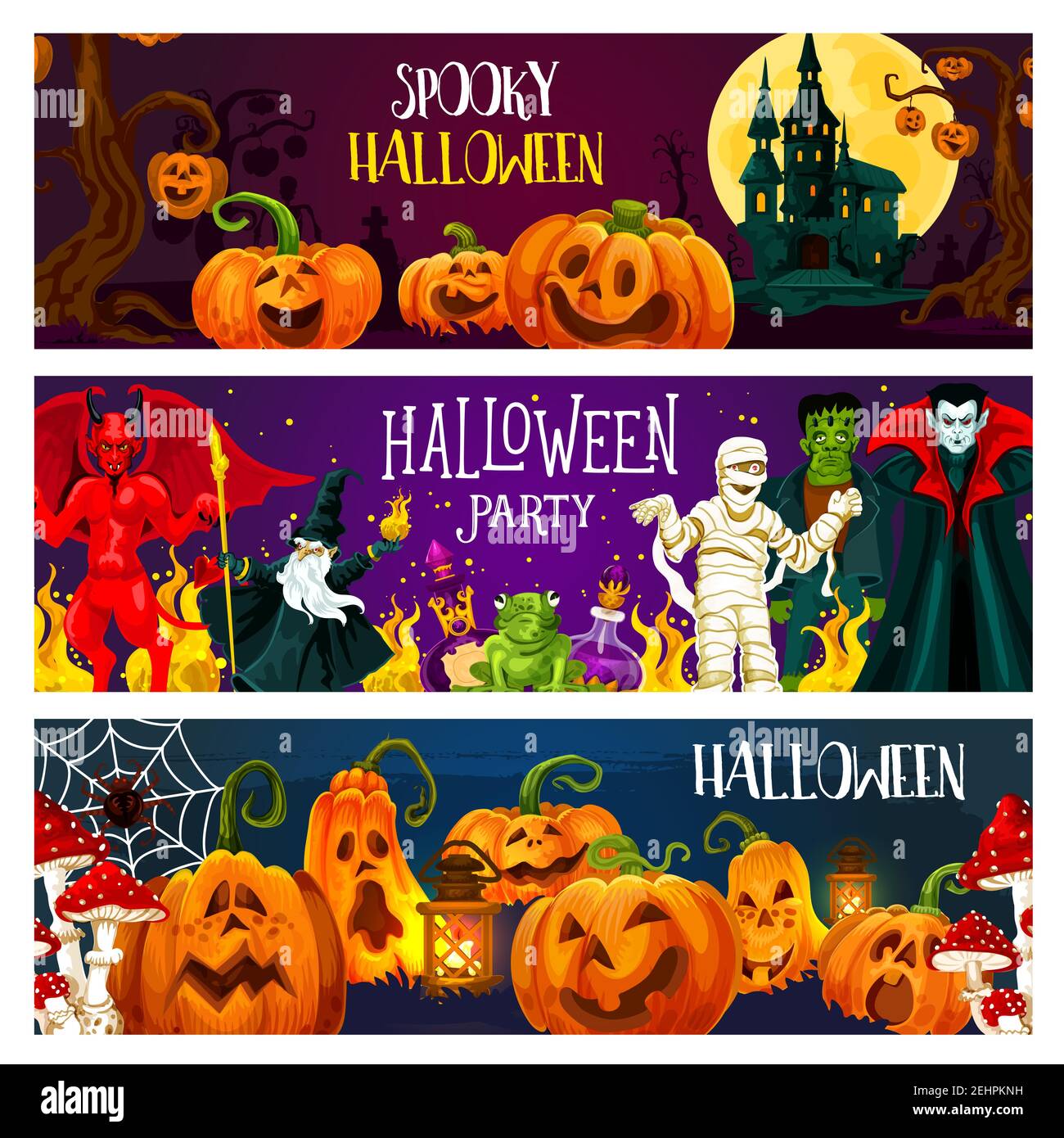 Bannière de bienvenue de citrouille d'Halloween et de monstre d'horreur. Maison fantôme, lanterne d'automne et araignée, zombie effrayant, vampire et momie, démon créepy et le mal W Illustration de Vecteur