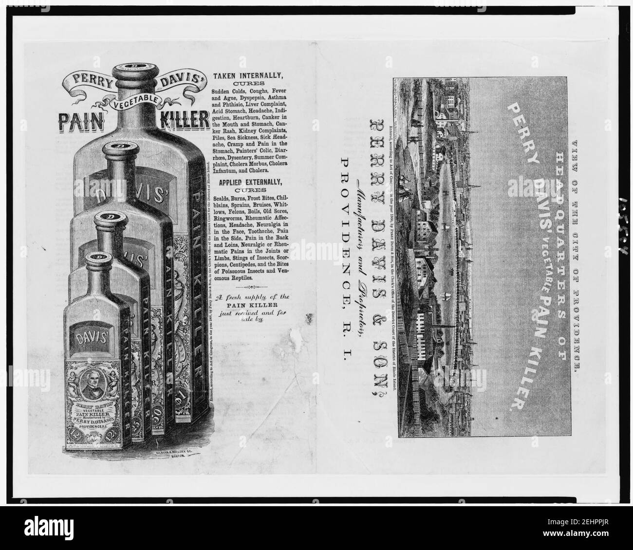 Étiquettes de médecine de brevet pour Perry Davis & son, montrant la vue de Providence, R.I., et quatre bouteilles de médecine de brevet) - Kilburn & Mallory sc., Boston Banque D'Images