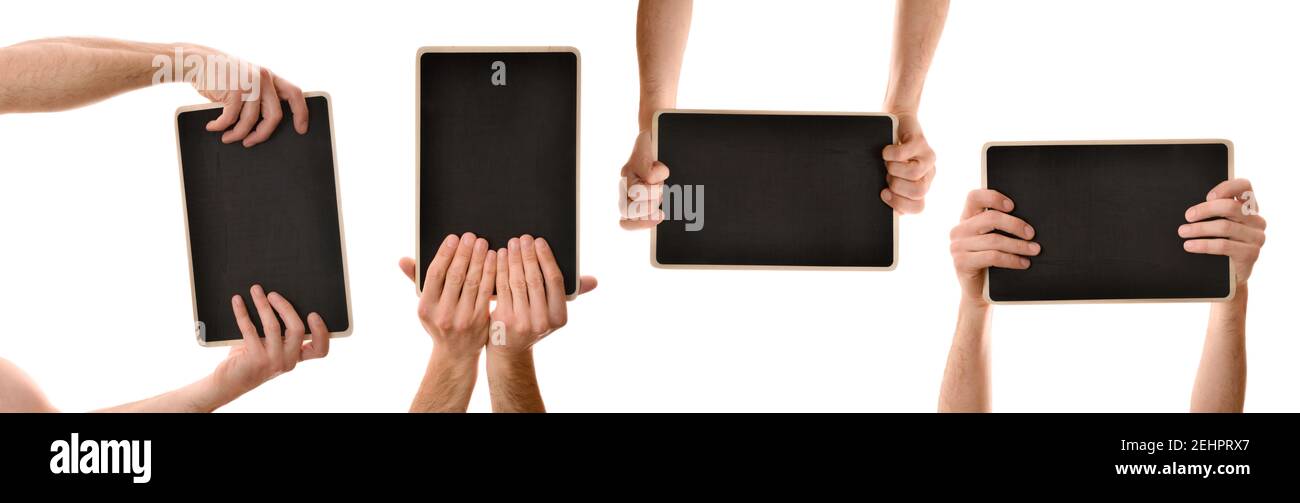 Jeu de mains attrapant un tableau noir dans différentes positions avec arrière-plan blanc isolé Banque D'Images