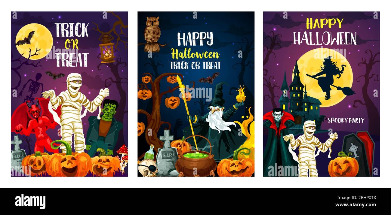 Cartes de voeux pour Halloween pour affiches d'invitation de fête de trick ou de cadeau. Dessin animé vectoriel de citrouille lanterne, sorcière ou squelette avec des monstres zombies Illustration de Vecteur
