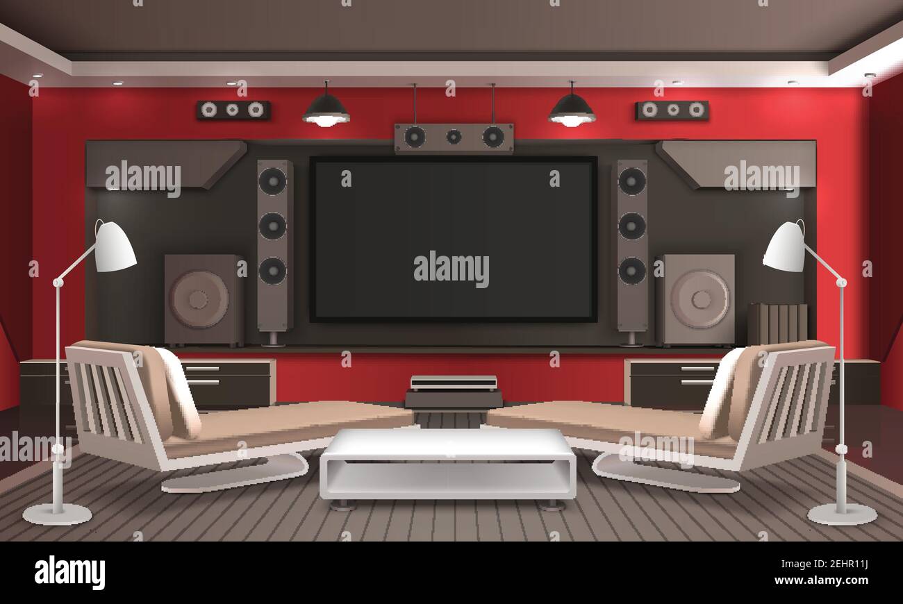 Intérieur de Home Cinéma conception 3d avec système audio vidéo, table et canapés sur une illustration vectorielle grise Illustration de Vecteur