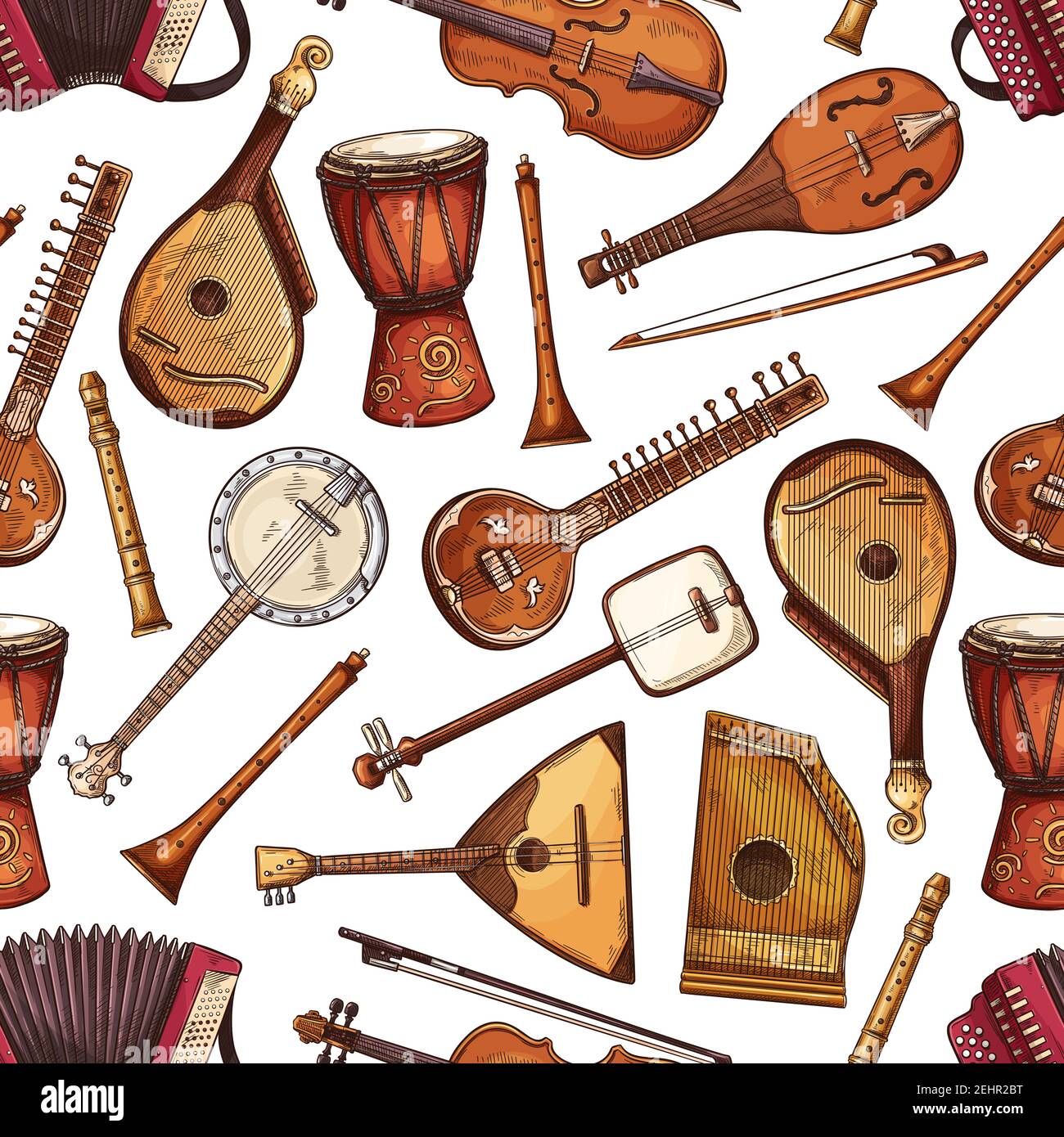 Modèle sans couture d'instrument de musique folk avec sitar indien, balalaika russe et tambour africain, alto italienne, flûte et banjo américain, sha japonais Illustration de Vecteur