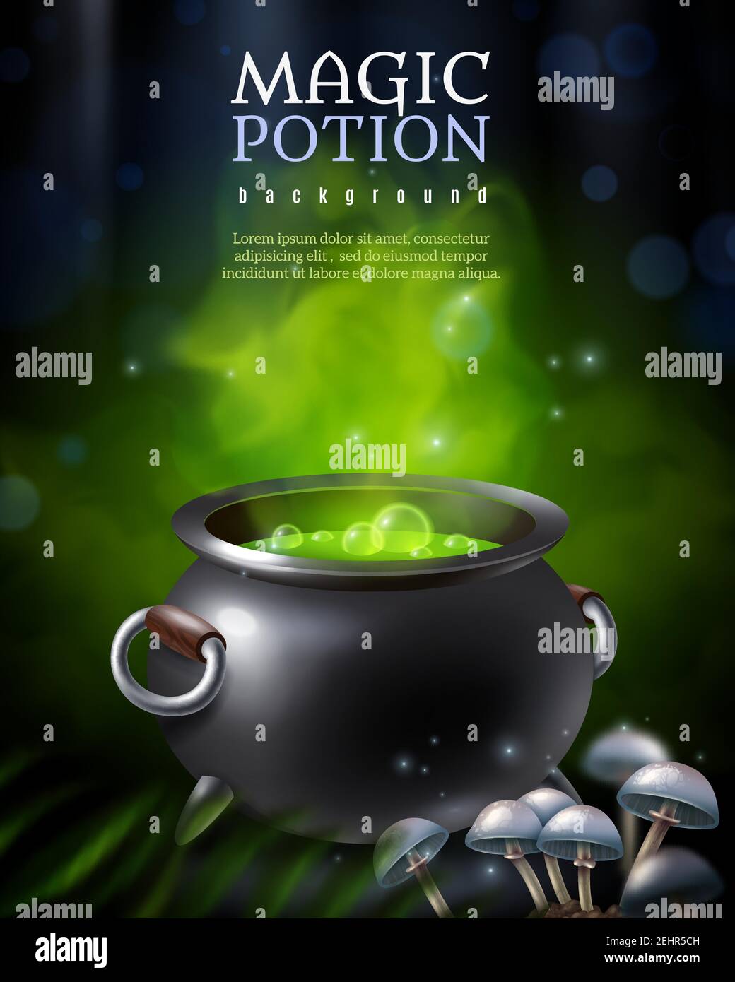 Fond de potion magique avec pot noir et ebenon vert l'ébullition avec l'illustration vectorielle des images de champignons toadstool Illustration de Vecteur