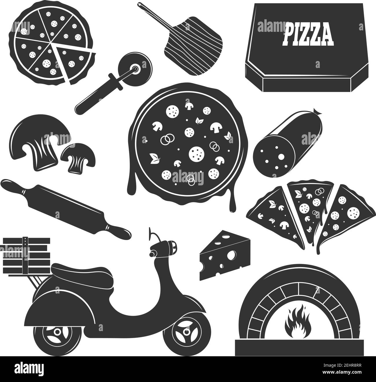 Pizza éléments vintage ensemble de tranches de pizza isolées à moto avec illustration vectorielle d'images monochromes de remplissage et de couverts Illustration de Vecteur