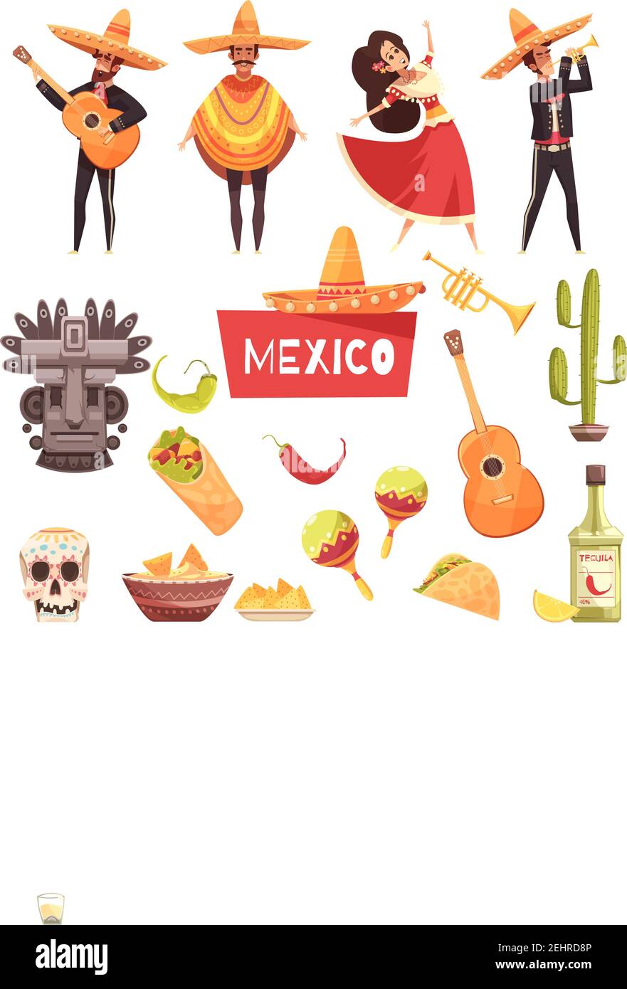 Mexique icônes décoratives ensemble de cactus maracas tequila musiciens mexicains avec guitares en poncho et sombrero illustration vectorielle plate Illustration de Vecteur