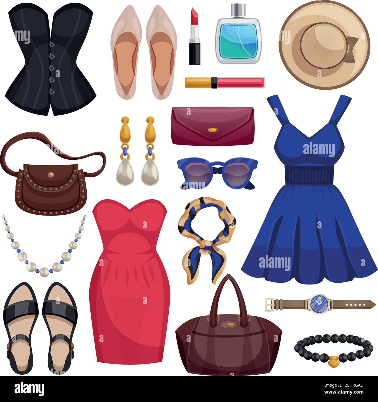 Ensemble d'accessoires femme coloré et isolé Icon avec robe de vêtements chaussures sacs à main accessoires et cosmétiques illustration vectorielle Illustration de Vecteur