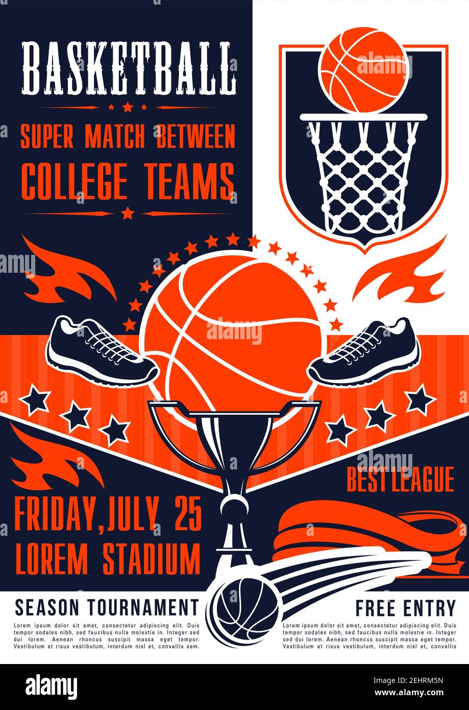 Affiche du tournoi de la ligue de basket-ball et du match de l'équipe du  club de sport. Ballon de basket-ball Vector avec objectif net, joueur et  baskets. Concours de la coupe de
