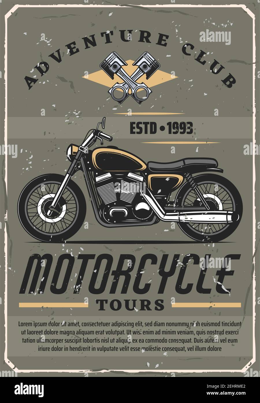 Affiche rétro de moto et de vélo ou de club de sport. Vector moto haut de gamme vintage avec soupapes de moteur, circuits d'aventure extrême dans le monde Illustration de Vecteur