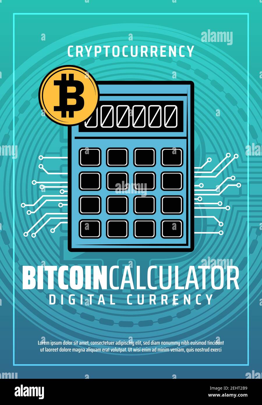 Poster de la calculatrice Bitcoin, crypto-monnaie et service de change  numérique de monnaie. Calculatrice de poche électronique vectorielle avec  pièce de monnaie dorée, crypto-cur numérique Image Vectorielle Stock - Alamy