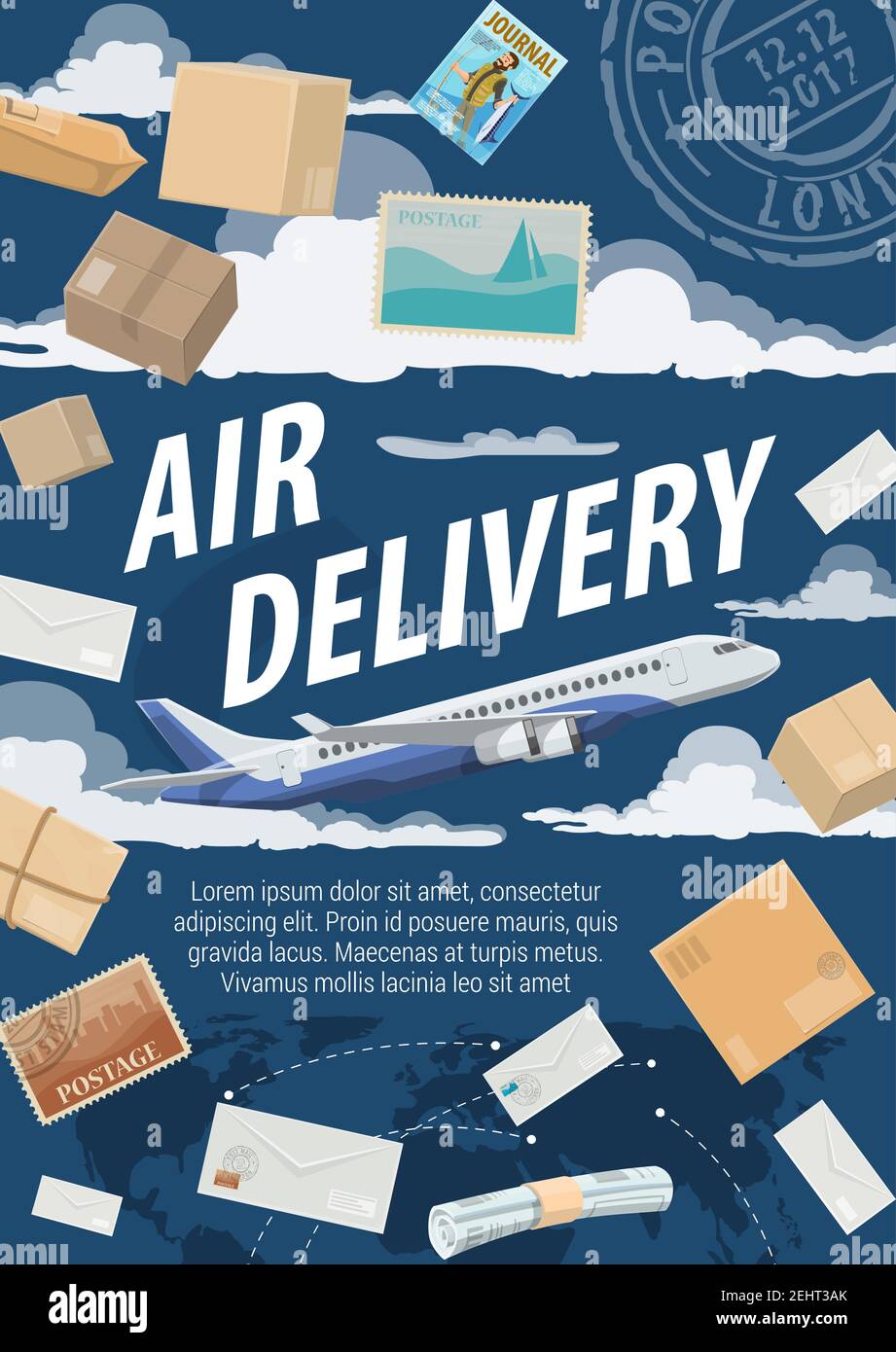 Livraison de courrier aérien, logistique d'affranchissement. Boîte de transport de fret d'avion Vector avec journaux, revues spécialisées et enveloppes de lettre. Sky avec po Illustration de Vecteur