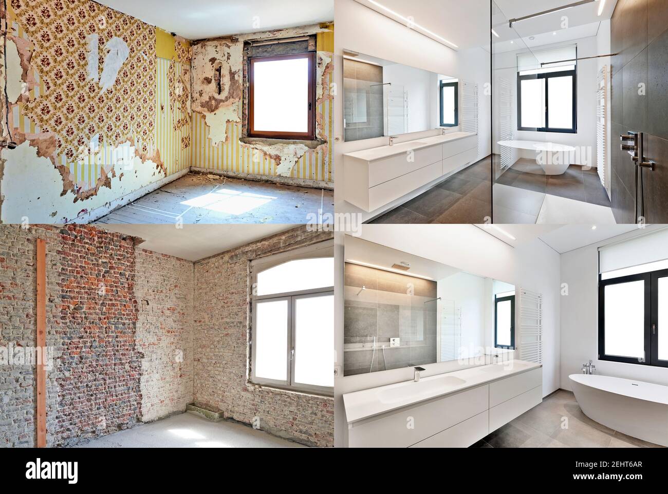 Baignoire en Corian, robinet et douche dans la salle de bains carrelée