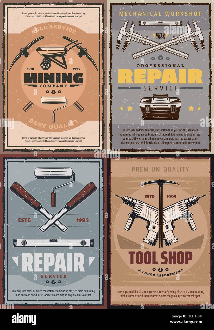 Outils de travail pour l'industrie de la construction, de la réparation et de l'exploitation minière. Foret vectoriel, marteau et clé, rouleau à peinture, boîte à outils de construction et pickaxe de mineur, brouette, RU Illustration de Vecteur