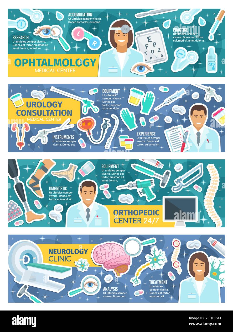 Ophtalmologie, neurologie, orthopédie et urologie. Bannières vectorielles avec traitements et équipements médicaux. Médecins avec oeil, neurones du cerveau, bo Illustration de Vecteur